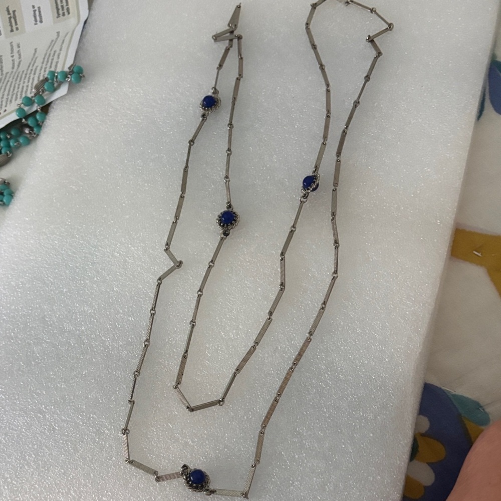 Vintage high end costume Silver Chain Necklace with Blue Gemstone Accents
